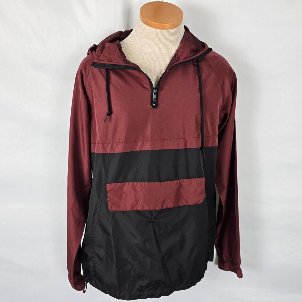 Zine Windbreaker Men's M Burgundy & Black 1/4 Zip Hooded Drawstrings Pockets